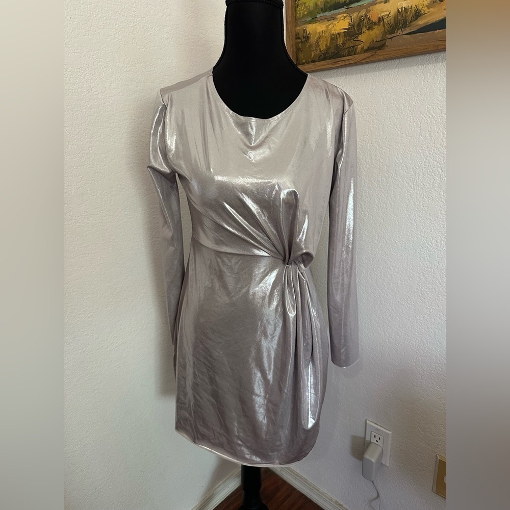 Zara Metallic Silver Long Sleeve Mini Dress- Size Small